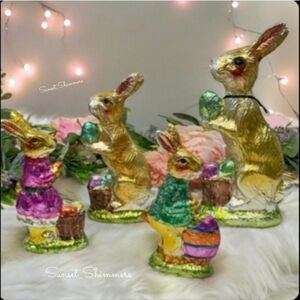 4pc Set Spring EASTER Gold Bunny Rabbit Faux FOIL CHOCOLATE Eggs Figurine Decor